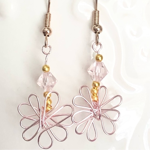 New Wrapped Wire Daisy Flower Dangling Earrings Glass Crystal Rose Gold Coloured - Picture 5 of 8